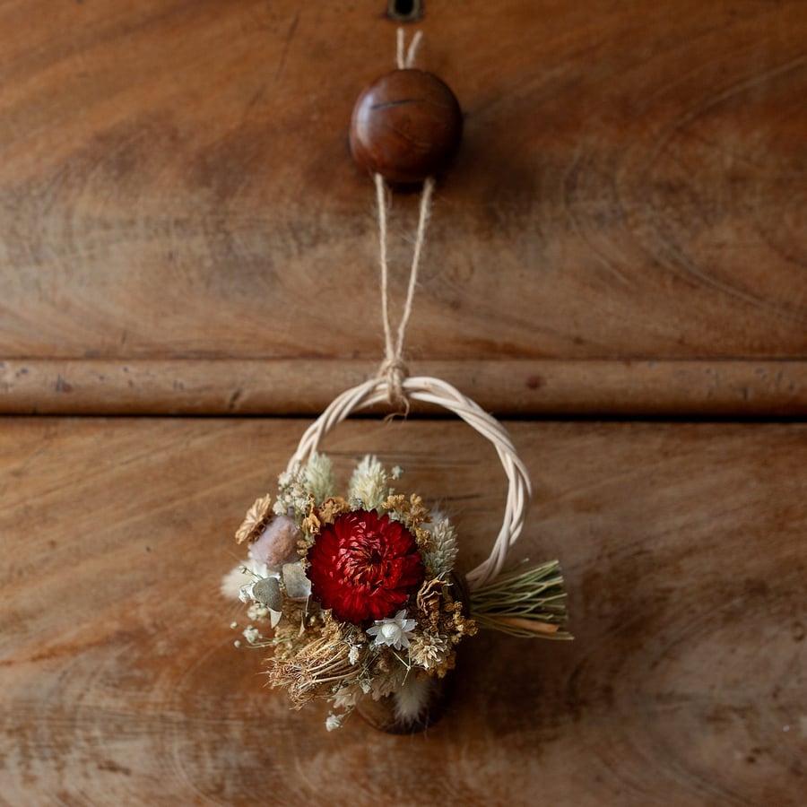 Mini dried flower handmade Strawflower, Eucalyptus and Fennel festive wreath