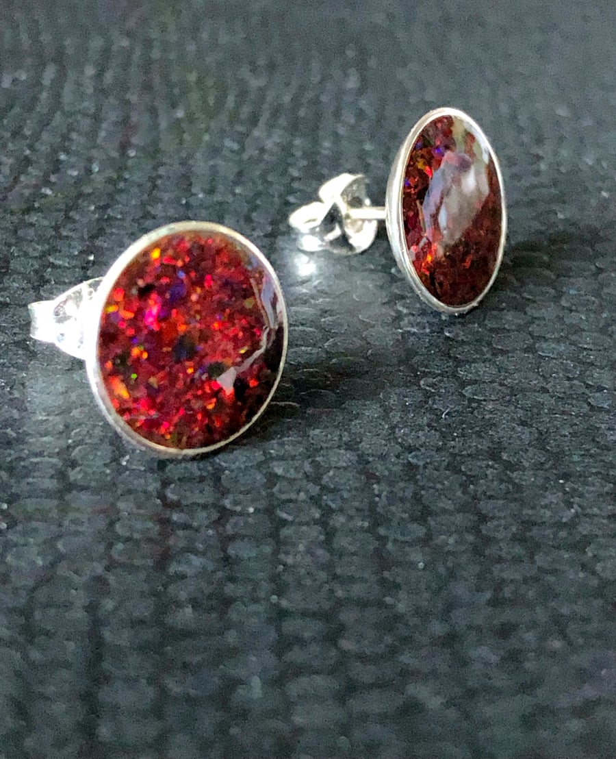 Deep Red Opal Inlay Sterling Silver Earrings