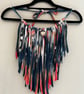Upcycled Red White Navy Fringe Necklace Scarf with Rhinestone Heart