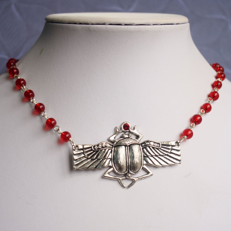 Scarab Beetle Necklace with Red Glass Beaded Chain