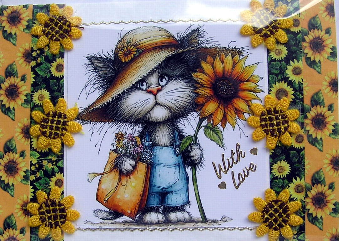 Kitten Cat Holding SunFlower - Hand Crafted Decoupage Card - With Love 3331