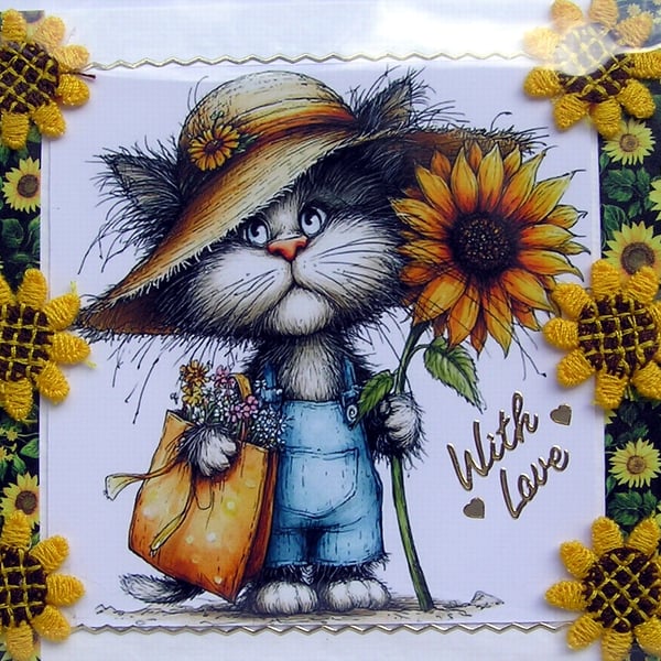 Kitten Cat Holding SunFlower - Hand Crafted Decoupage Card - With Love 3331
