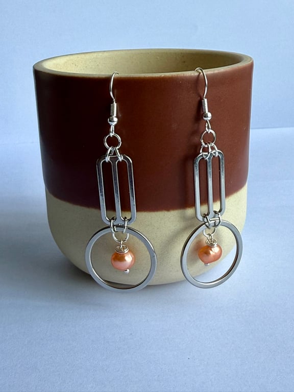 Apricot Freshwater Pearl and Stainless Steel Earrings, Drop Earrings
