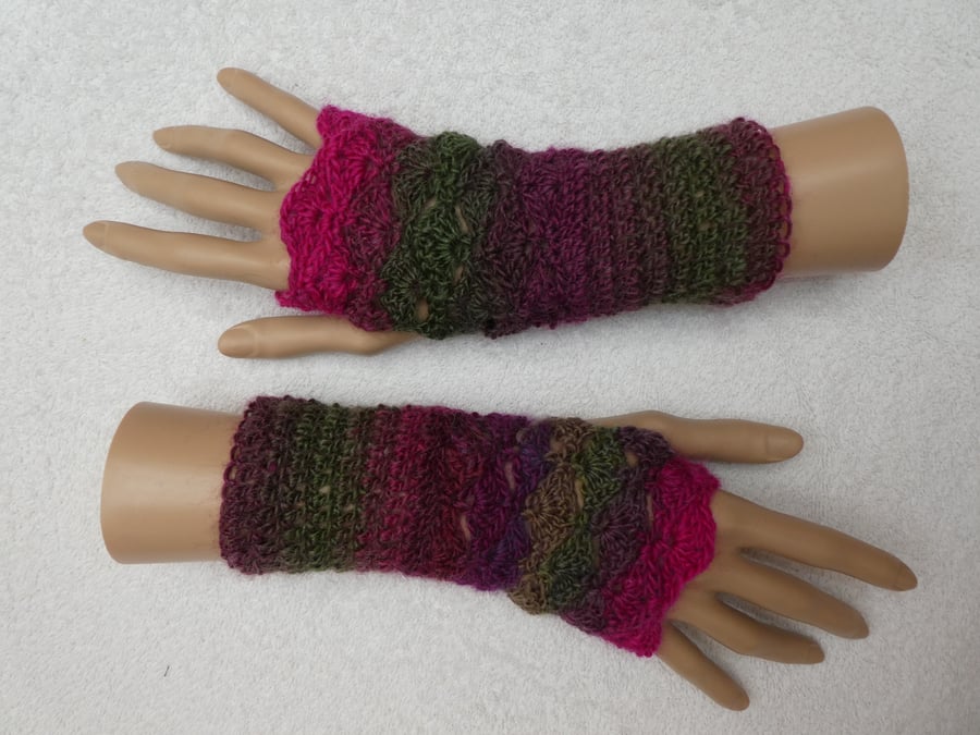 Crochet Fingerless Gloves Wrist Warmers in Double Knit Yarn Purple and Green