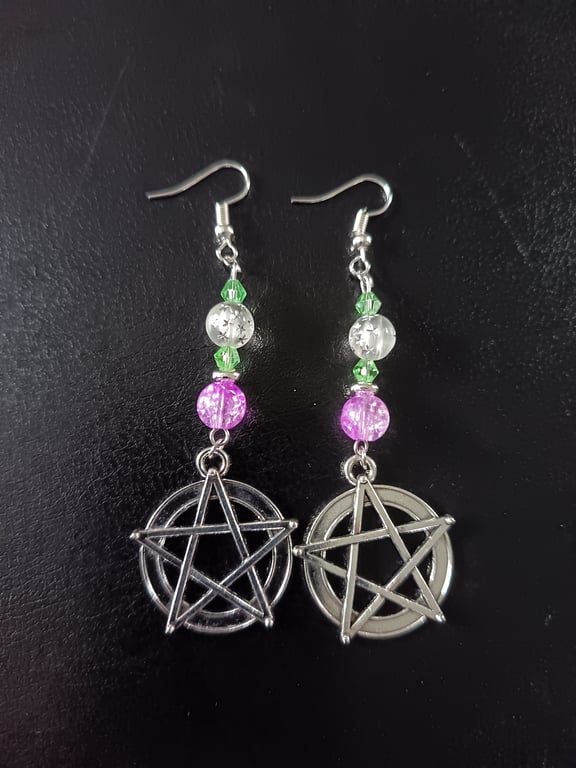 Silver pentacle charm dangle earrings with glass beads