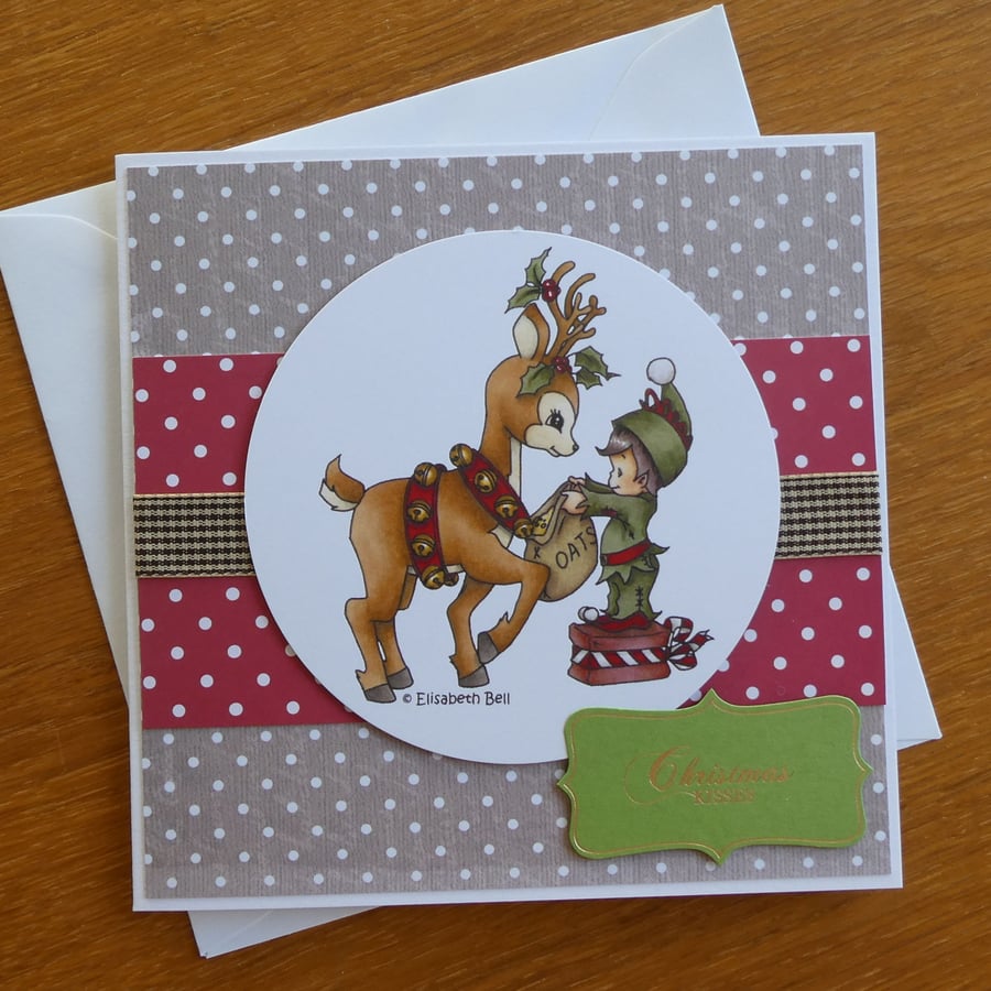 Reindeer with Elf Christmas Card - Christmas Kisses