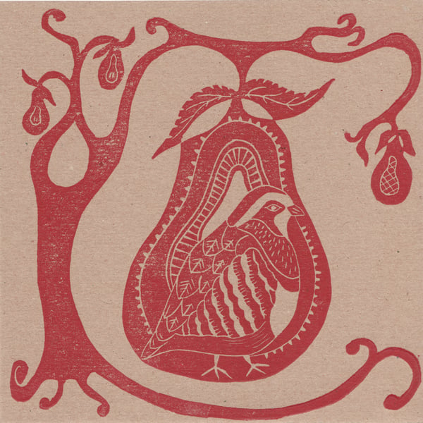 X3 HANDPRINTED CHRISTMAS CARDS - Partridge in a pear tree - red 