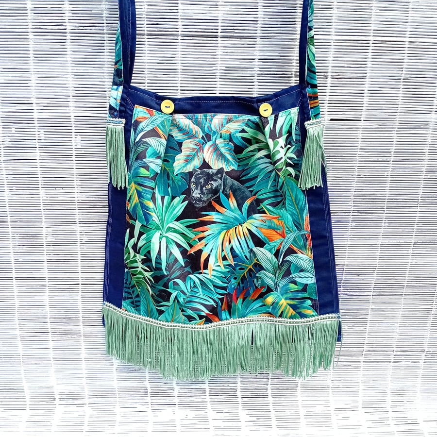 Colourful Jungle Foliage with Black Panther Fabric Shoulder or Cross Body Bag