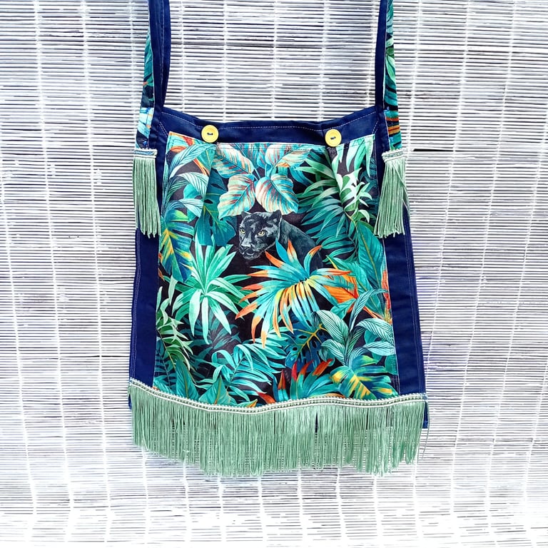 Colourful Jungle Foliage with Black Panther Fabric Shoulder or Cross Body Bag