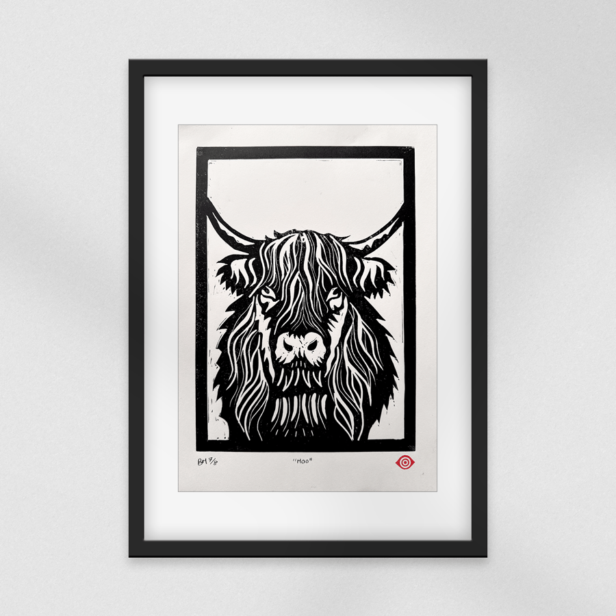 "Moo" Highland Cow Linocut Print - Limited Edition a4