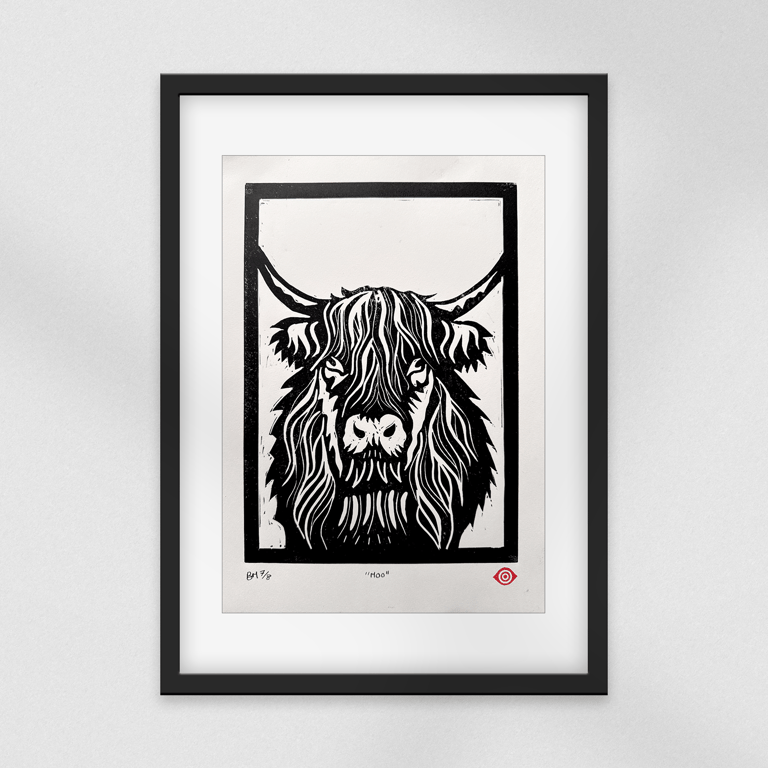 "Moo" Highland Cow Linocut Print - Limited Edition a4