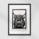 "Moo" Highland Cow Linocut Print - Limited Edition a4