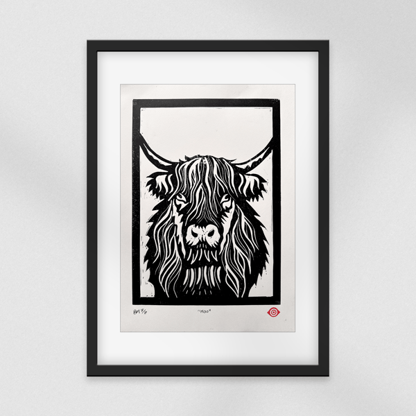 "Moo" Highland Cow Linocut Print - Limited Edition a4