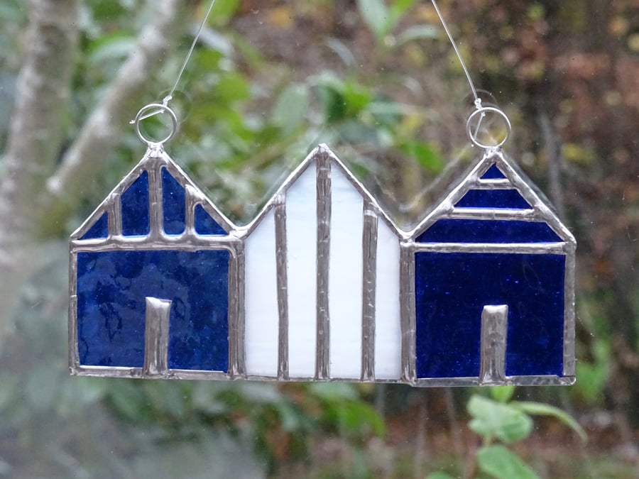 Stained Glass Suncatcher Beach Huts - Blue and White