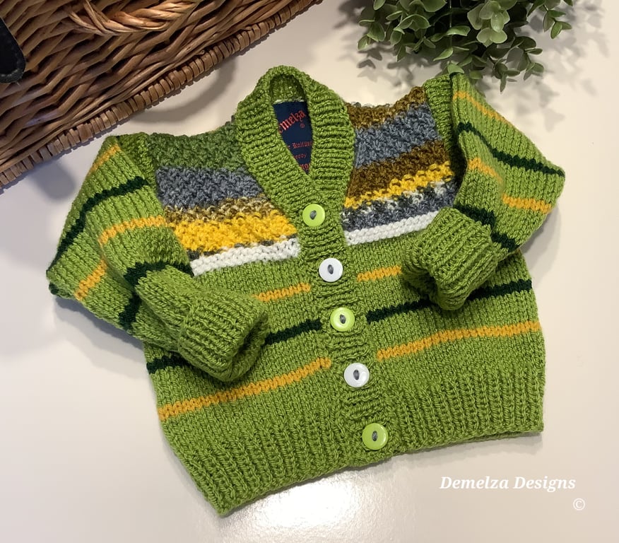 Designer Baby Hand Knitted Lime Green Cardigan  3-9 months size