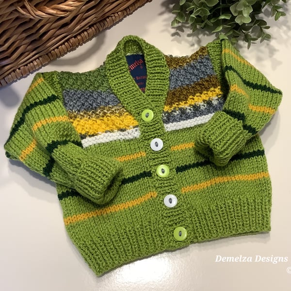 Baby Hand Knitted Designer Lime Green Cardigan  3-9 months size