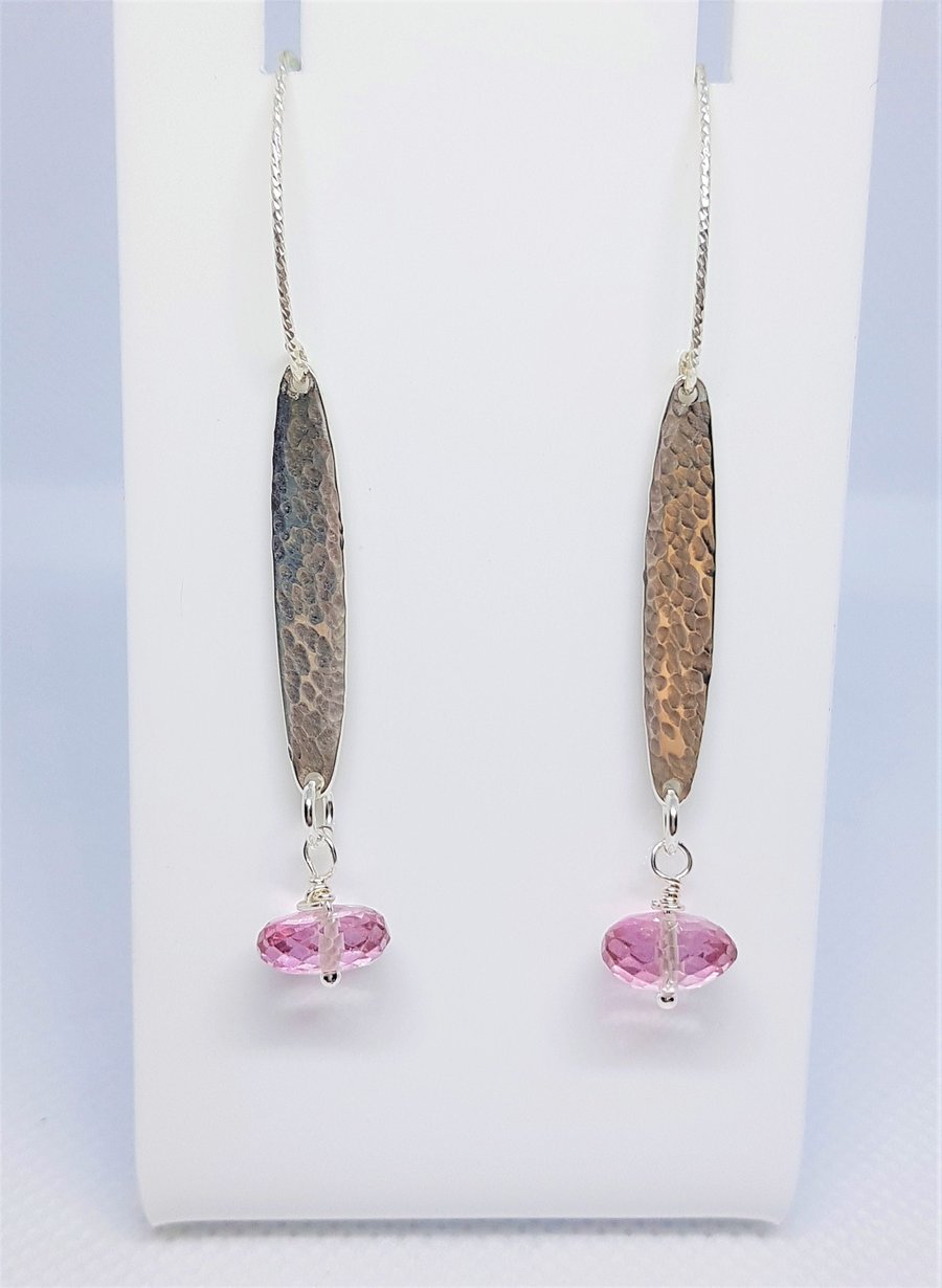 Pink Topaz Faceted Discs with Hammered Sterling Silver Bar Earrings