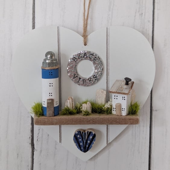Beach Vibes Lighthouse and Cottages - Handmade Wooden Hanging Home Decor 