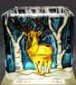 Hand painted glass candle holder, a red deer stag in the snowy birch woods