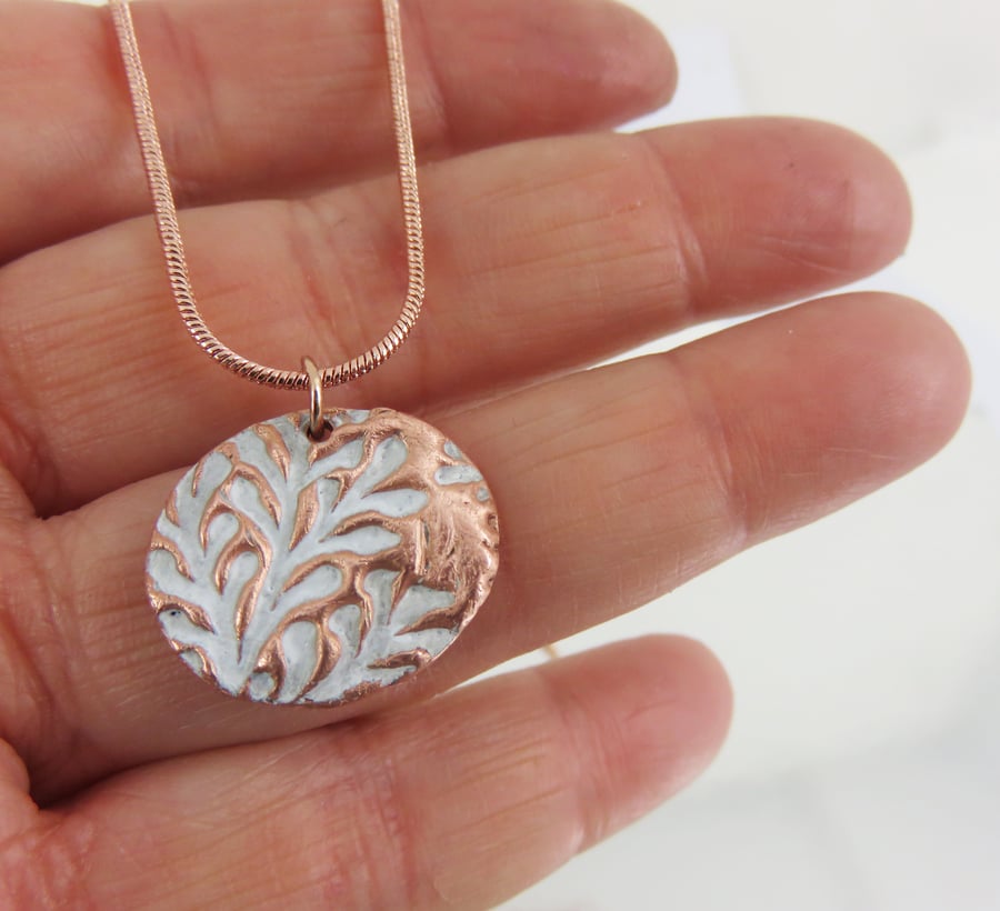 Copper and Enamel Leaf Motif Pendant with Double Sided Pattern