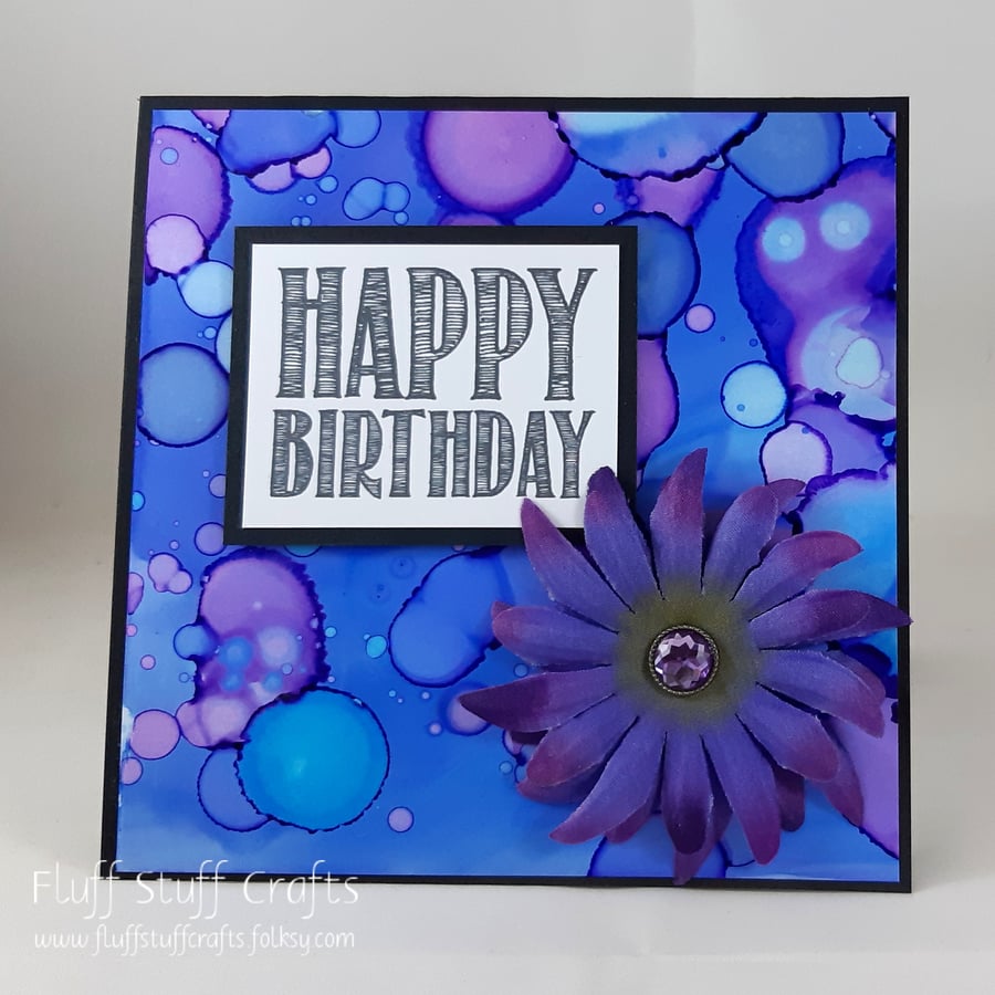 Handmade, square, alcohol ink birthday card