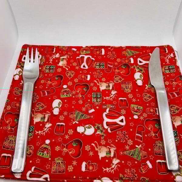 Fabric Table Mat for Christmas Dinner Table in Red Metallic Christmas Fabric 