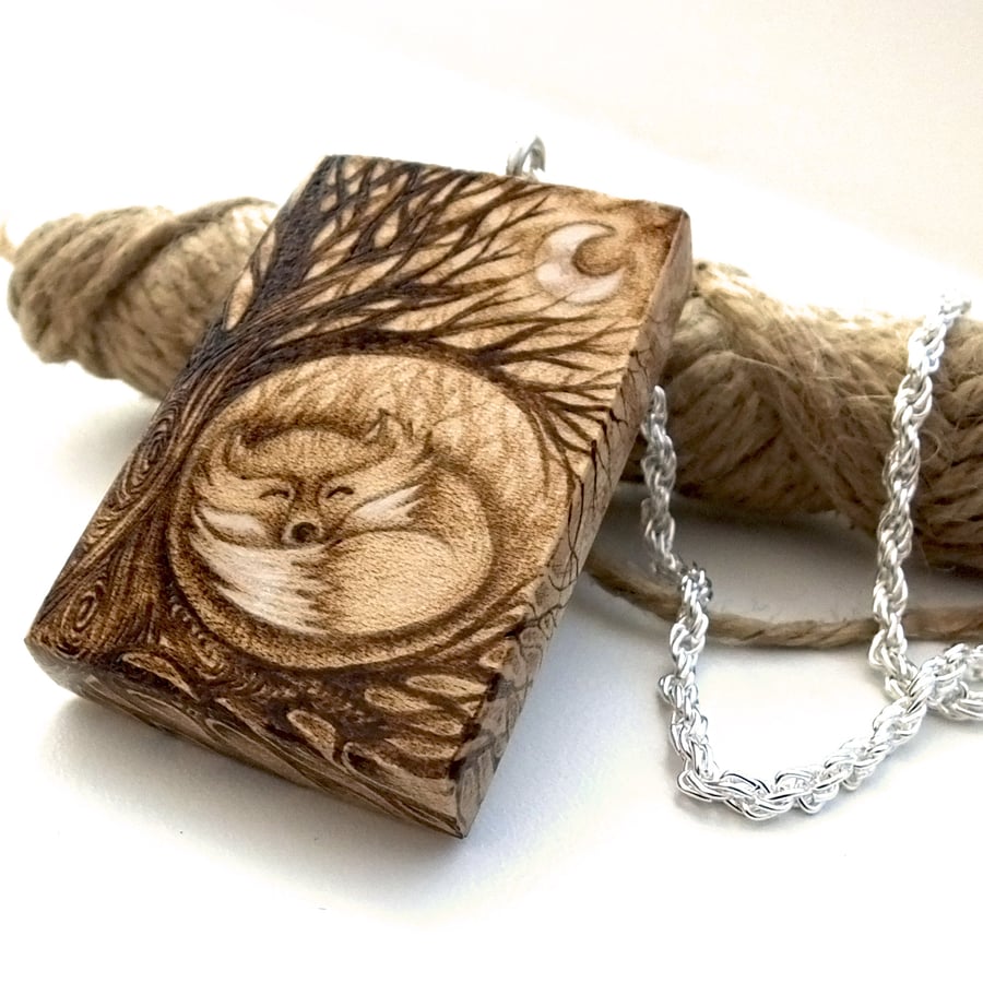 Beautiful Curled Fox in Woodland Sycamore Pyrography Pendant Necklace