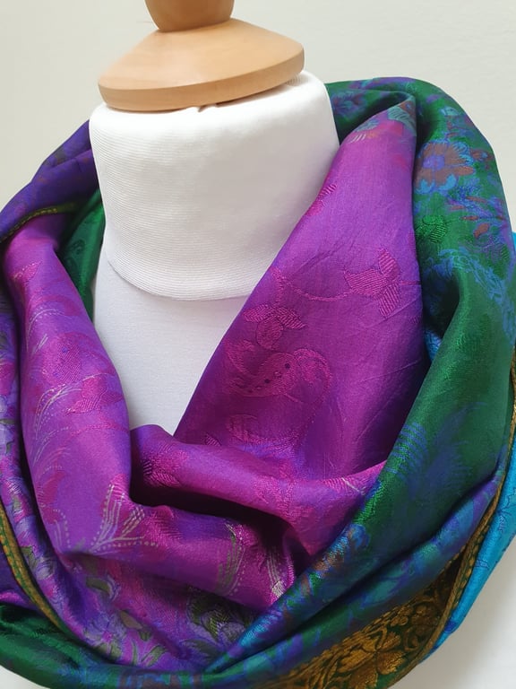 Sari silk double sided infinity scarf. jewel tones.shades of purple,blue,gold 