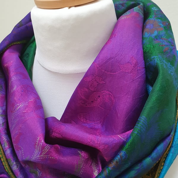 Sari silk double sided infinity scarf. jewel tones.shades of purple,blue,gold 