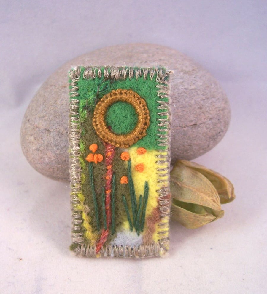 Hand embroidered needlefelt brooch - riverbank