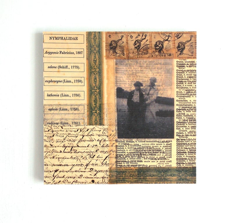 Original Paper & Fabric Collage on Wood Panel, 14.8cms, Free UK Postage (198)