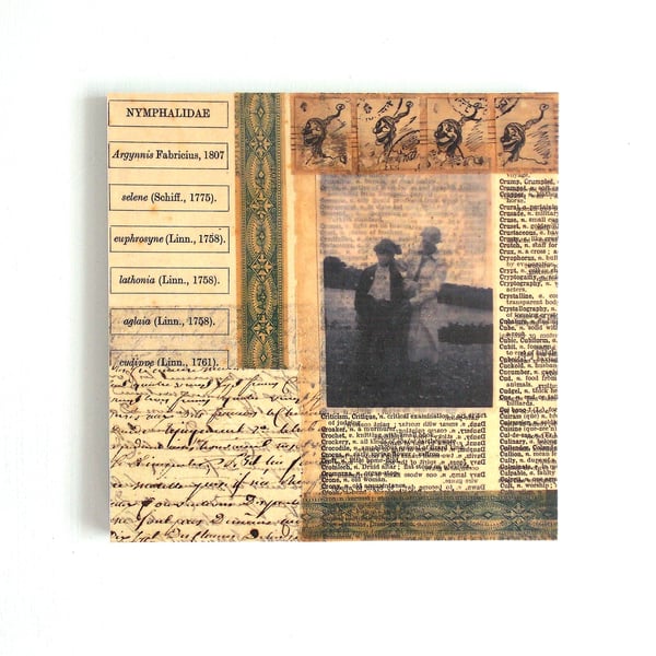 Original Paper & Fabric Collage on Wood Panel, 14.8cms, Free UK Postage (198)