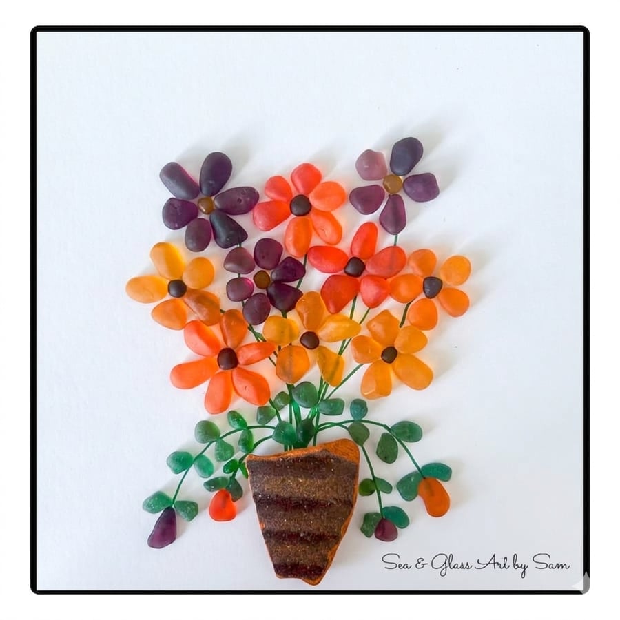 Handmade Sea Glass Flower Bouquet - Framed 8x8 Orange & Purple Autumn Floral Art