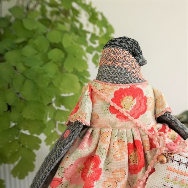 Aderyn, A  Tiny Hand Embroidered Bullfinch Folk Art Doll
