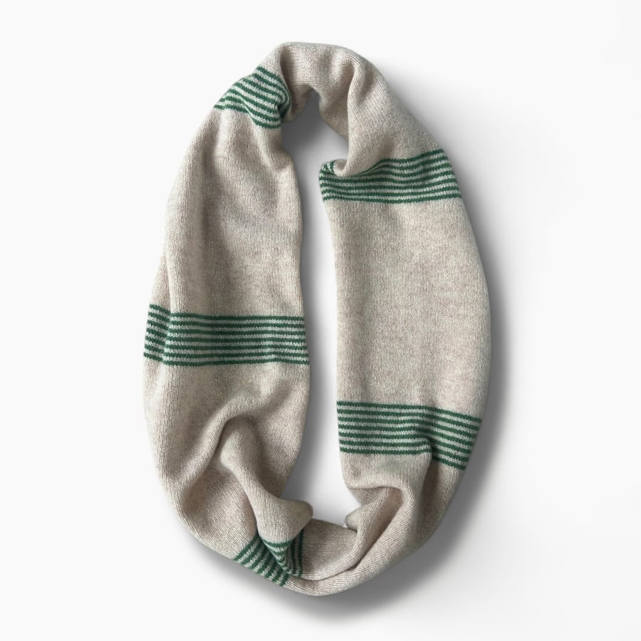Ecru Infinity Scarf with Green ticking stripe