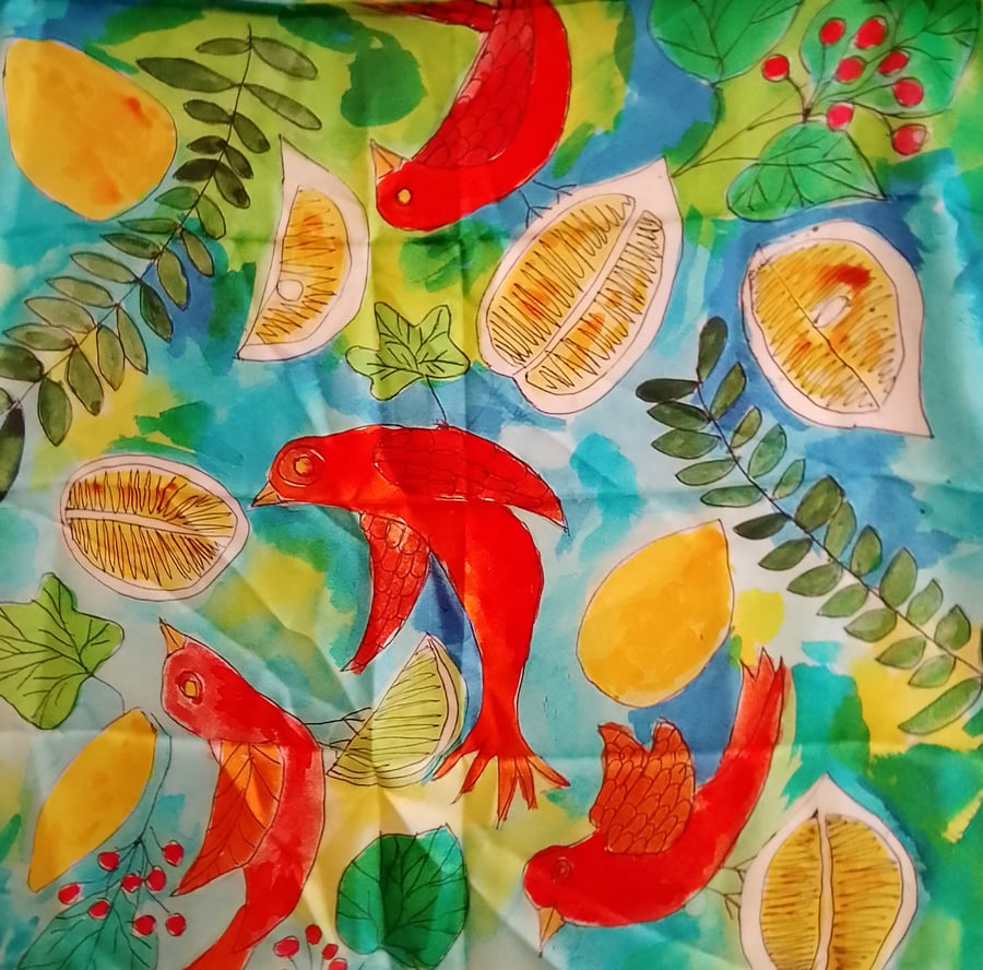 Orange Birds and Lemons Silk scarf 90cm x 90 cm