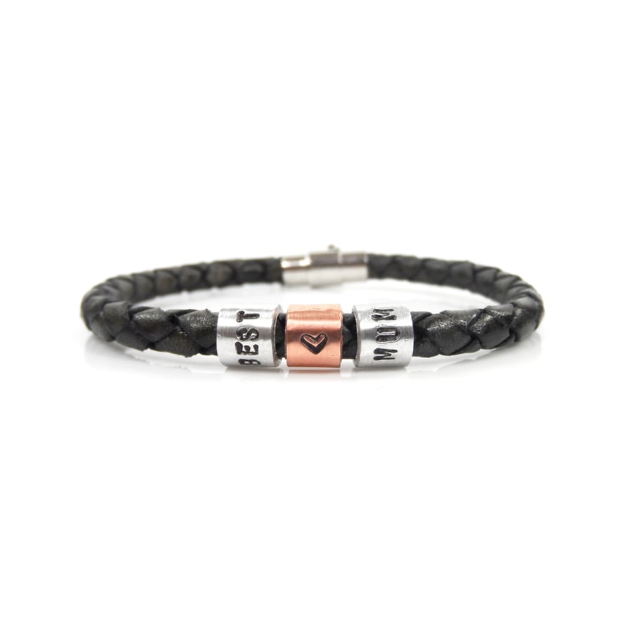 Best Mum Leather Bracelet with Hand Stamped Rings - Free Delivery