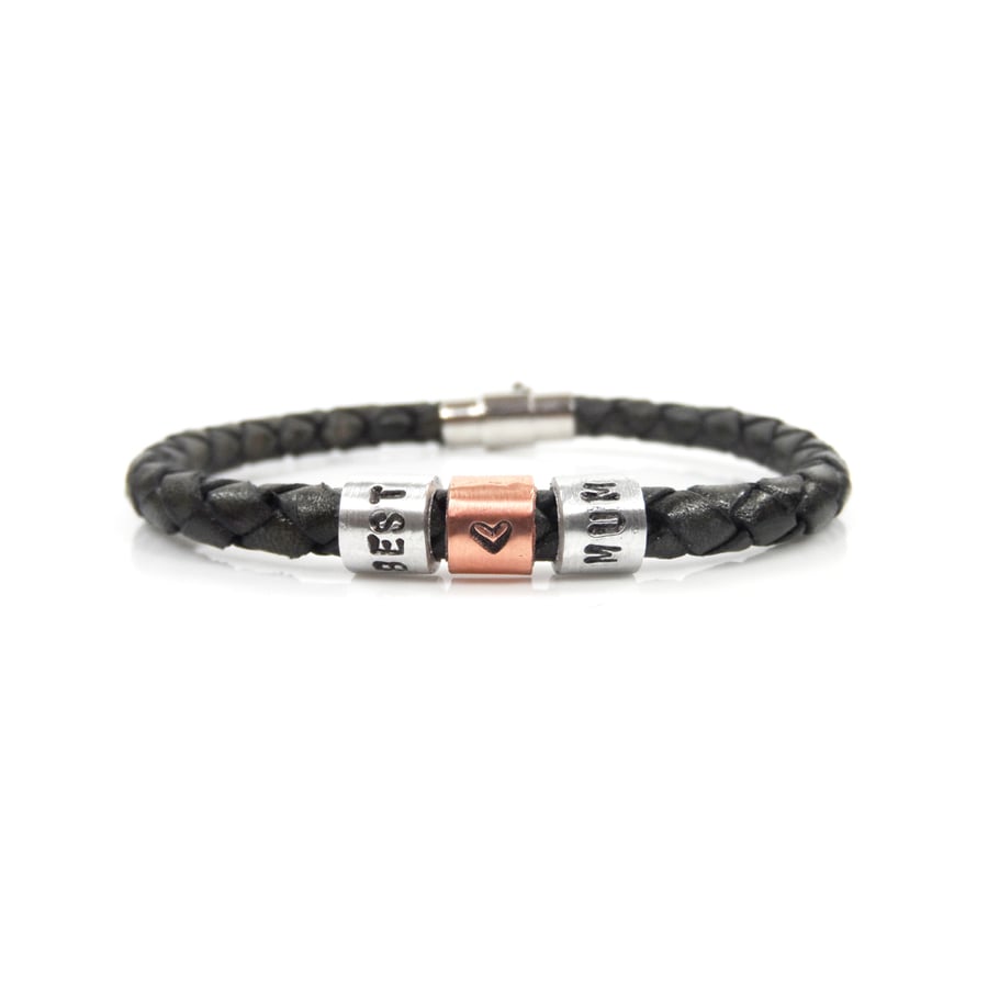 Best Mum Leather Bracelet with Hand Stamped Rings - Free Delivery