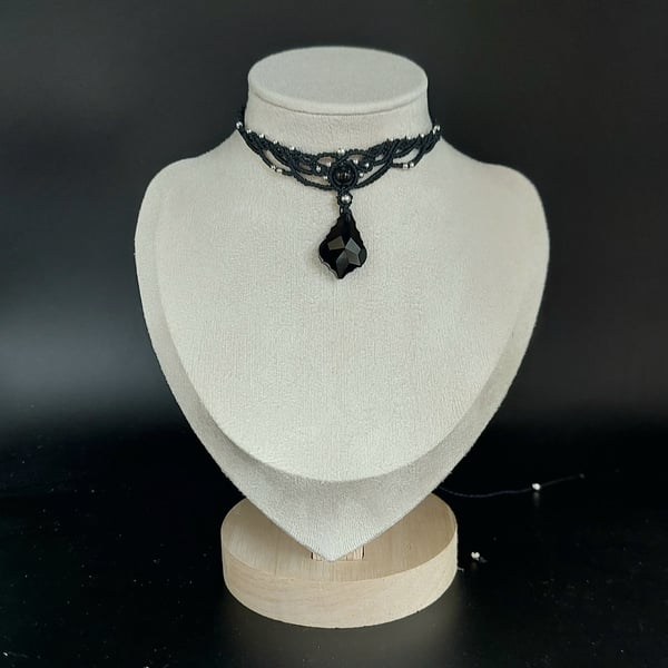 Black Macrame Choker Necklace with Black faceted glass Drop Pendant 