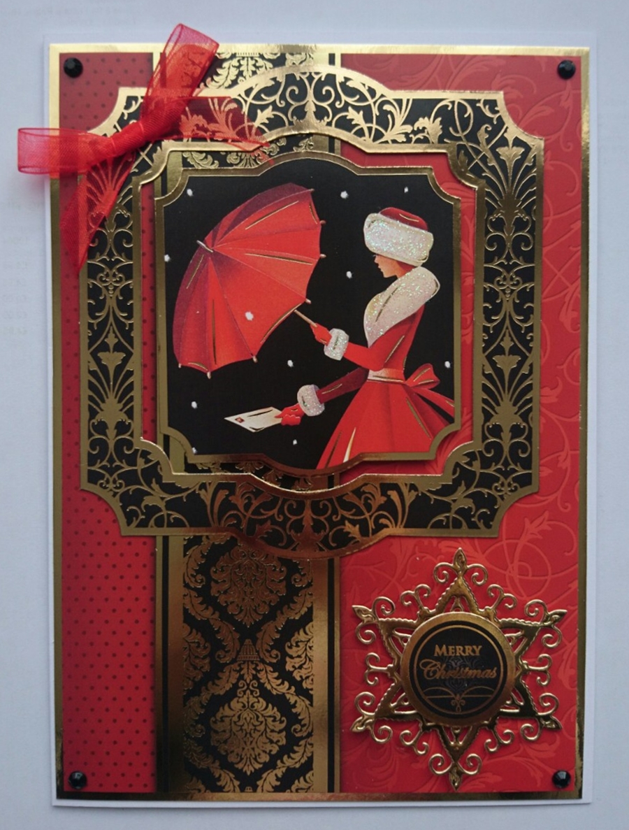Christmas Card Elegant Lady in Red Coat Merry Christmas 3D Luxury Handmade Card