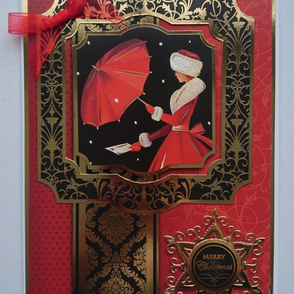 Christmas Card Elegant Lady in Red Coat Merry Christmas 3D Luxury Handmade Card