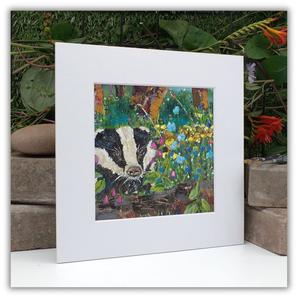 A mounted original painting - badger - wildlife painting - woodland - wildflower