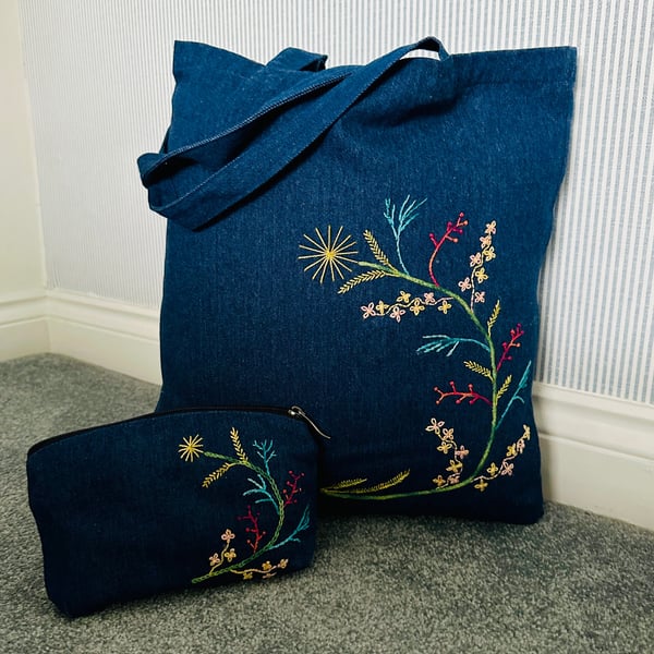 Festival Denim tote and zip purse embroidered floral design, Packabag. 