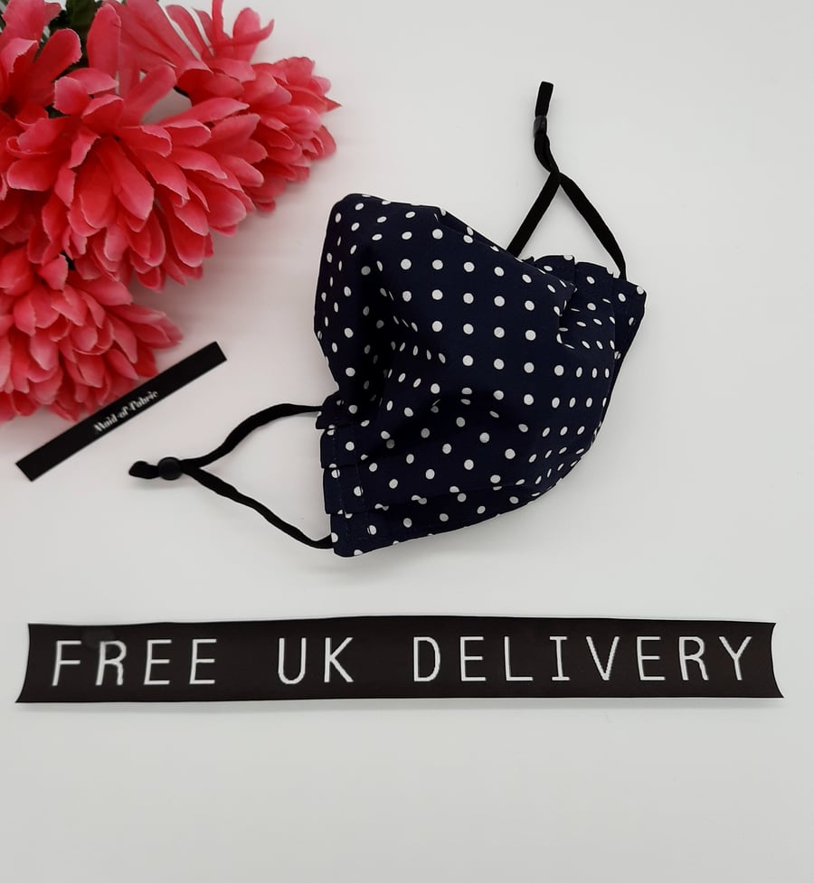 Face mask,  small, 3 layer,  machine washable in navy blue fabric. 