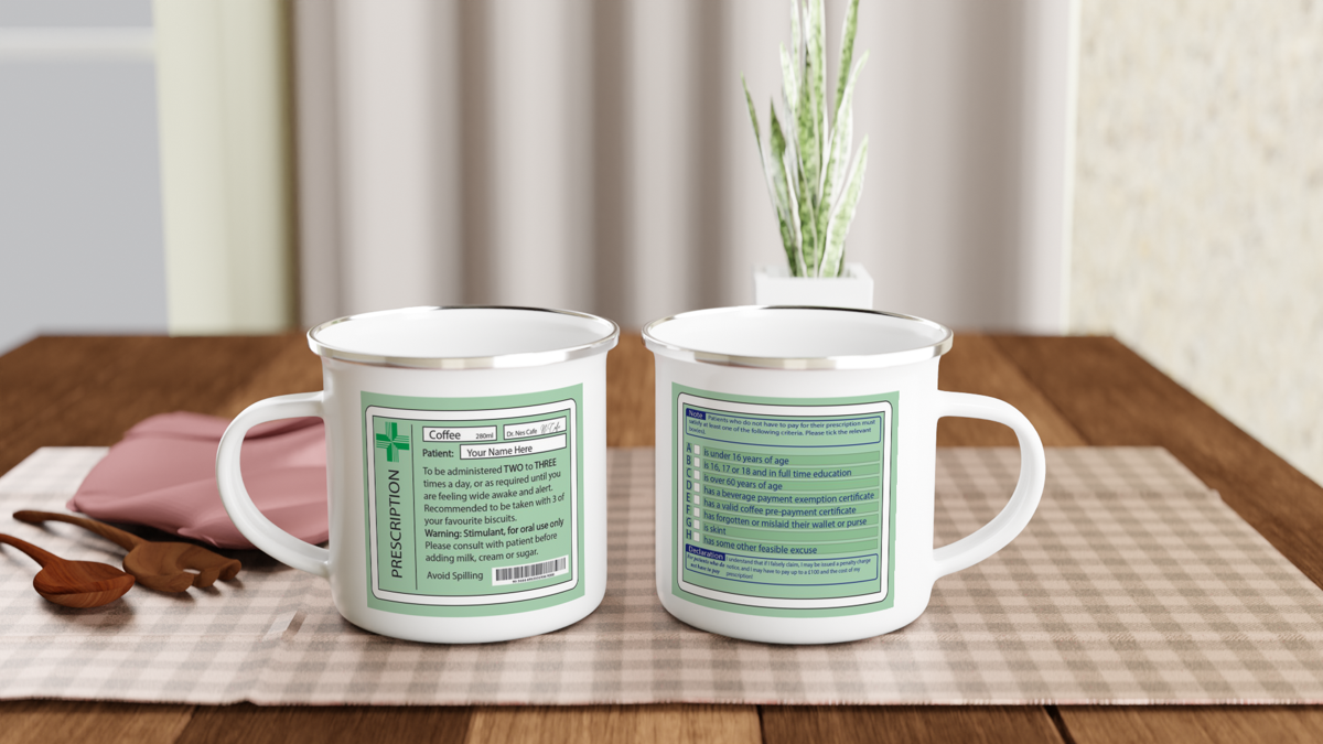 Joke enamel coffee prescription mug and coaster. Gift for medical profession