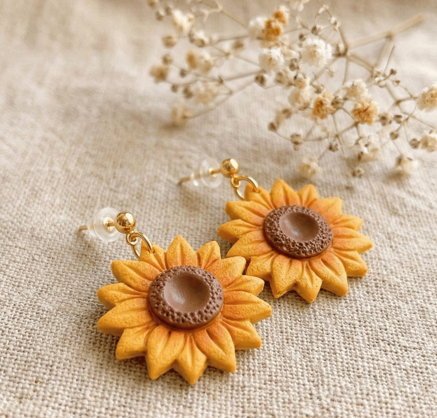 Sunflower Dangle Earrings - 18k Gold Plated Ball - Handmade Summer Jewellery