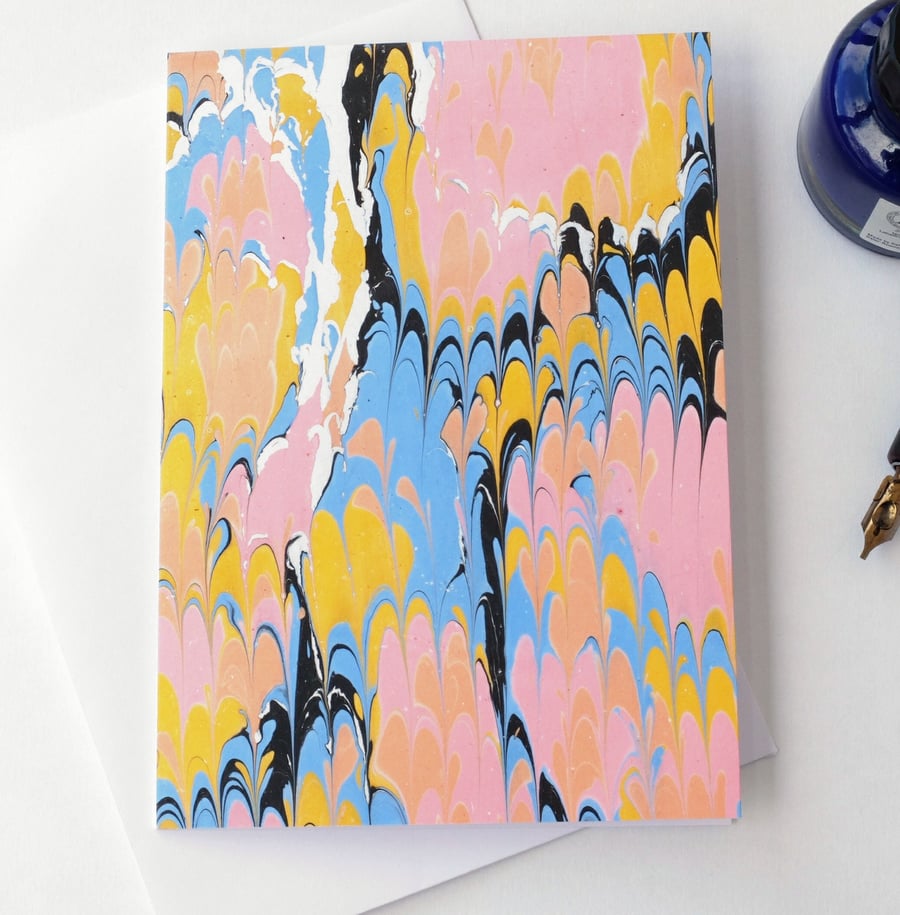 Eye-catching marbled paper art greetings card note card non-pareil pattern
