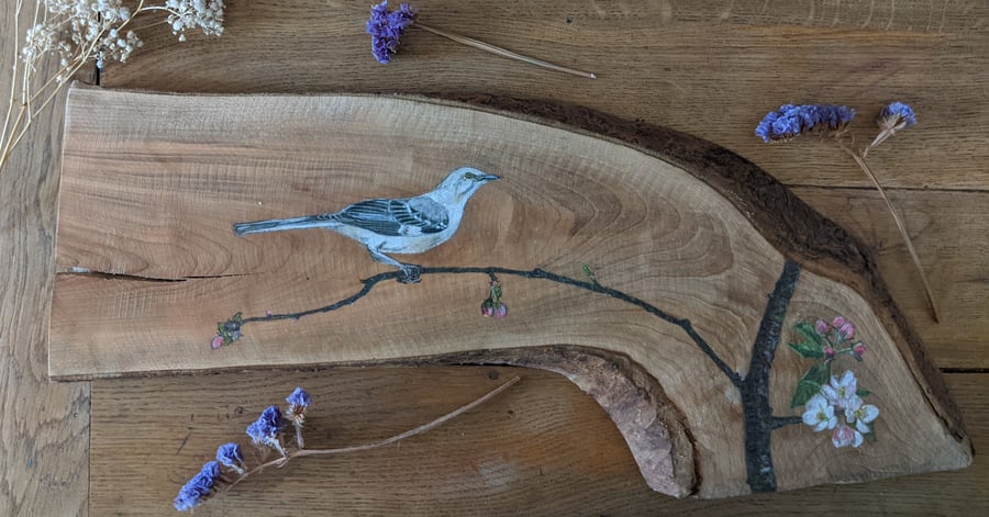 Original Mockingbird painting on reclaimed and repurposed wood (apple wood)