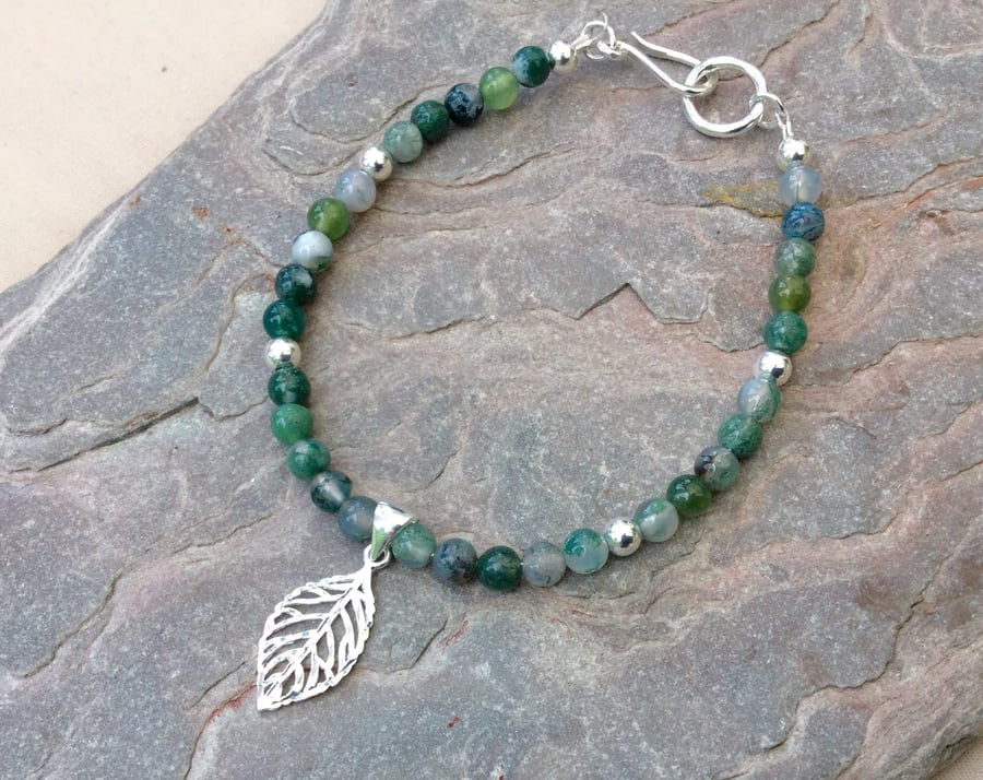 Sterling Silver and Green Moss Agate Bracelet with Leaf Charm,  B111