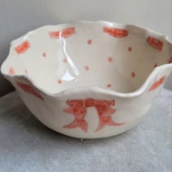 Ceramic bowl wth red dots spots and ribbon handmade fluted scalloped dish. 